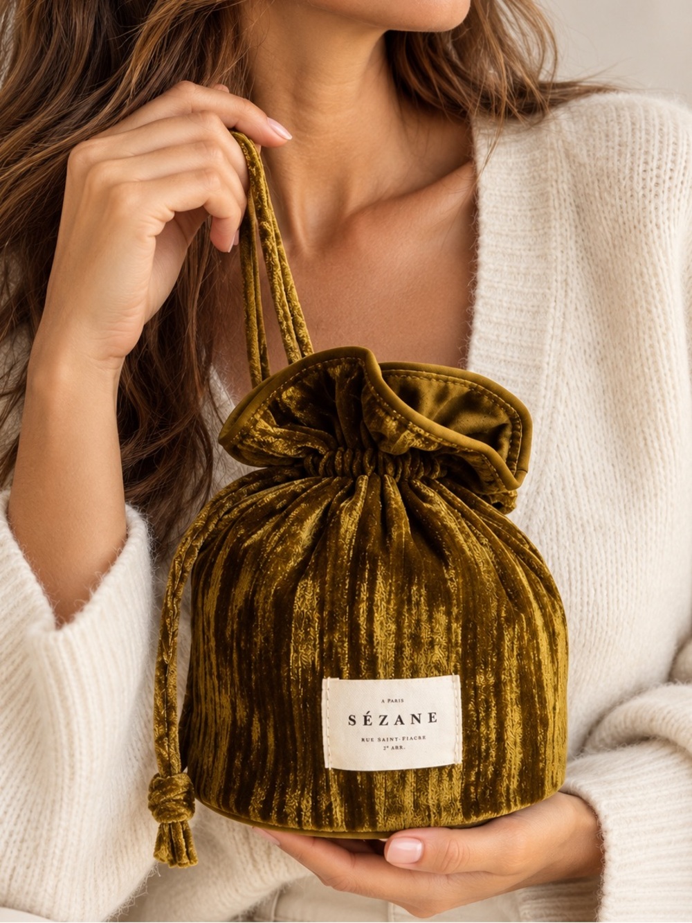 Sézane Limited Edition Holiday Olive Green Velvet Drawstring Pouch Bag